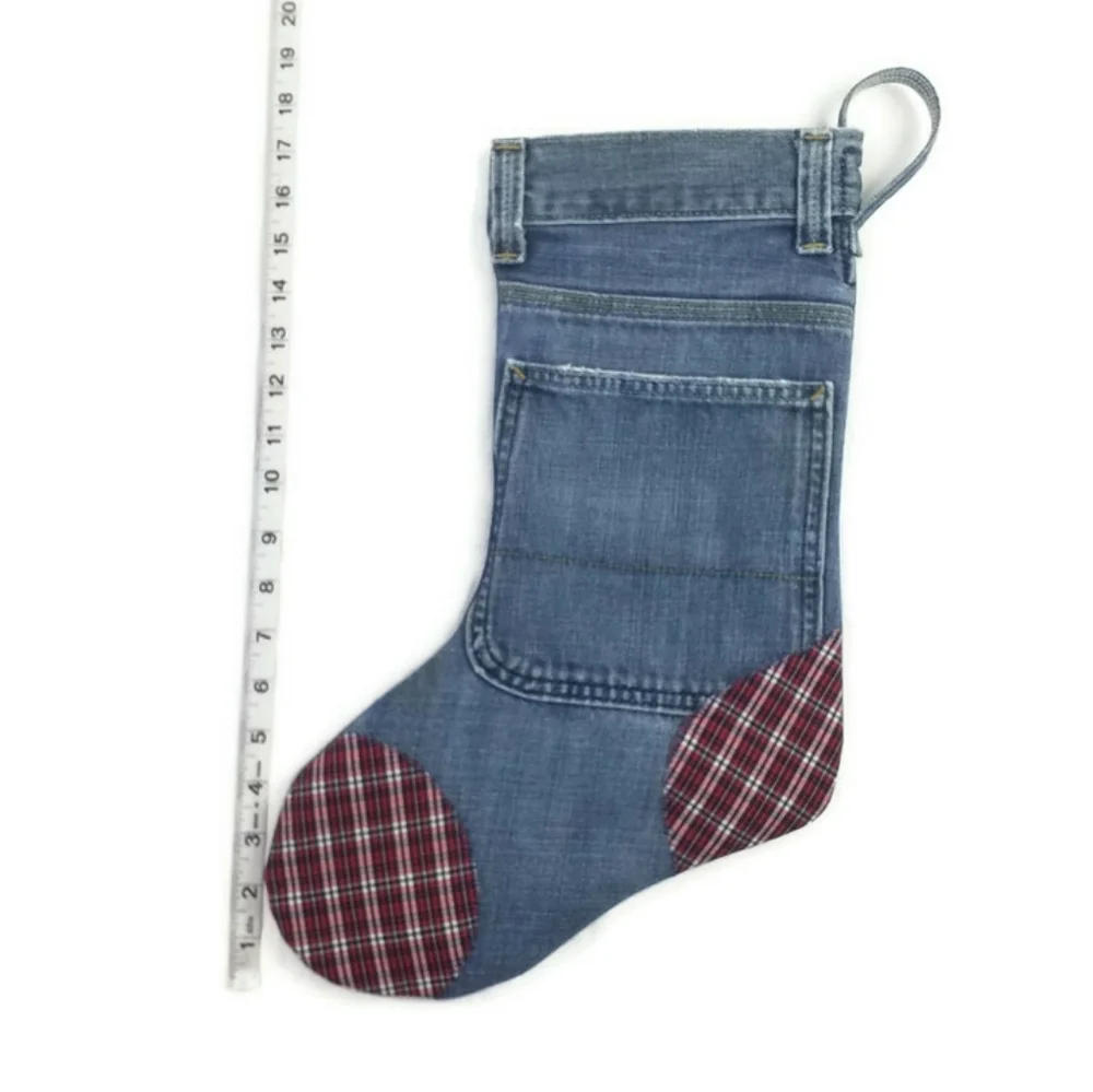 Hand Made Upcycled Denim Christmas Stocking Plaid Toe Heel 17” Rustic Lined